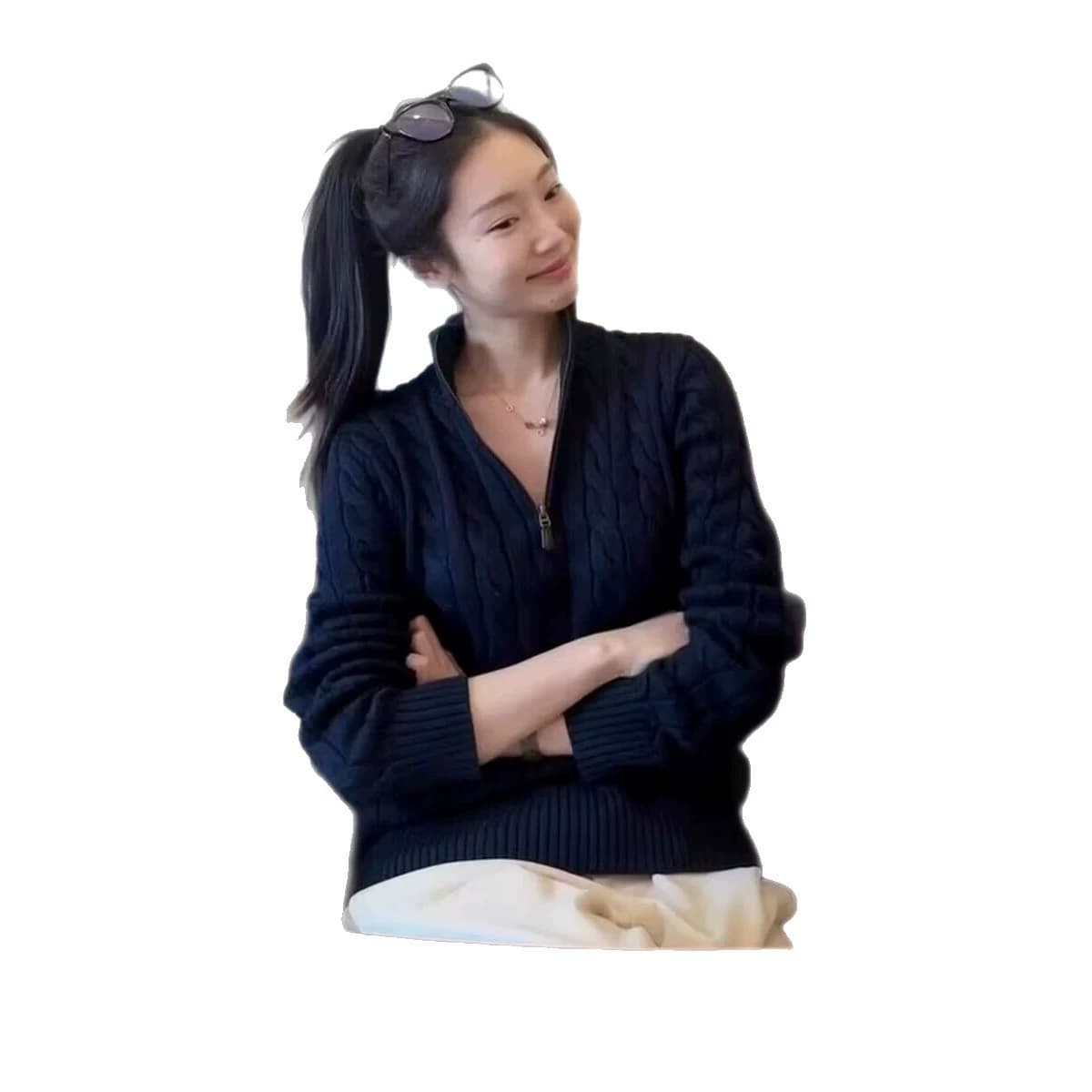 2026 일본과 한국 대외 무역 스타일 여성 의류 하프 지퍼 스탠드 칼라 스웨터 겨울 보온 단색 트위스트 꽃 니트 스웨터 맨위 상세 이미지 5
