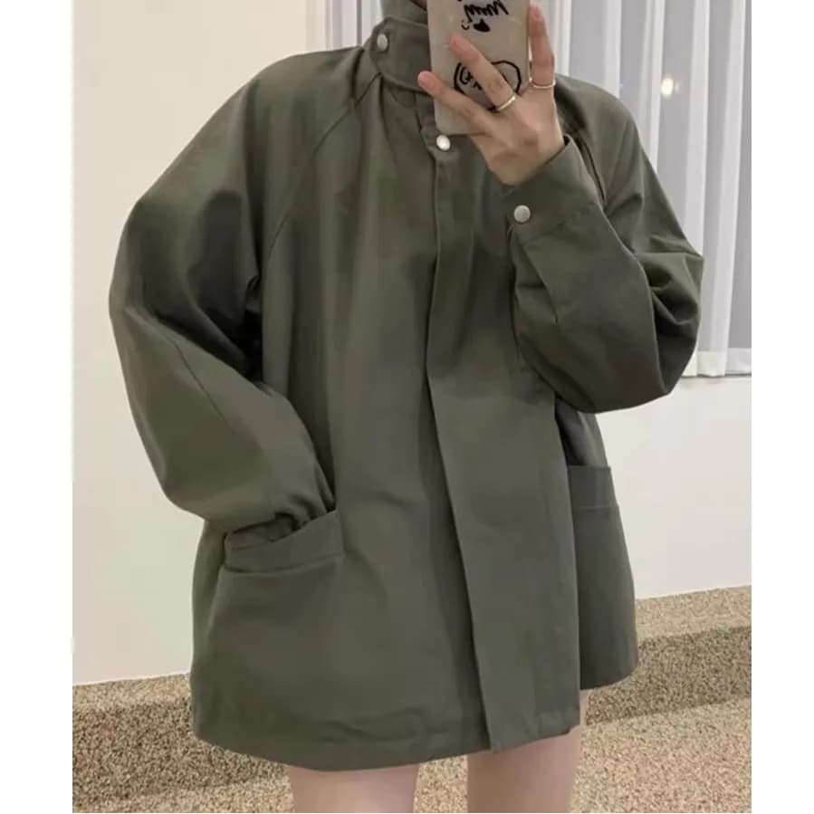 한국 chic 가을 작은 대중 레트로 스탠드 칼라 바람막이 여성 코트 루즈핏 슬림해 보이는 디자인 센스 야외 캐주얼 맨위 이미지 5