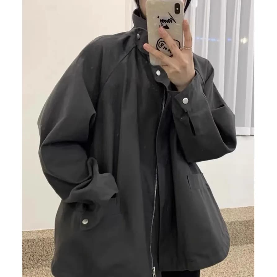 한국 chic 가을 작은 대중 레트로 스탠드 칼라 바람막이 여성 코트 루즈핏 슬림해 보이는 디자인 센스 야외 캐주얼 맨위