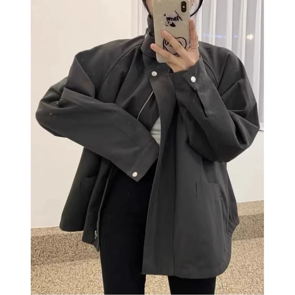 한국 chic 가을 작은 대중 레트로 스탠드 칼라 바람막이 여성 코트 루즈핏 슬림해 보이는 디자인 센스 야외 캐주얼 맨위 이미지 3