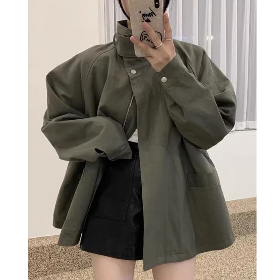 한국 chic 가을 작은 대중 레트로 스탠드 칼라 바람막이 여성 코트 루즈핏 슬림해 보이는 디자인 센스 야외 캐주얼 맨위 상세 이미지 2