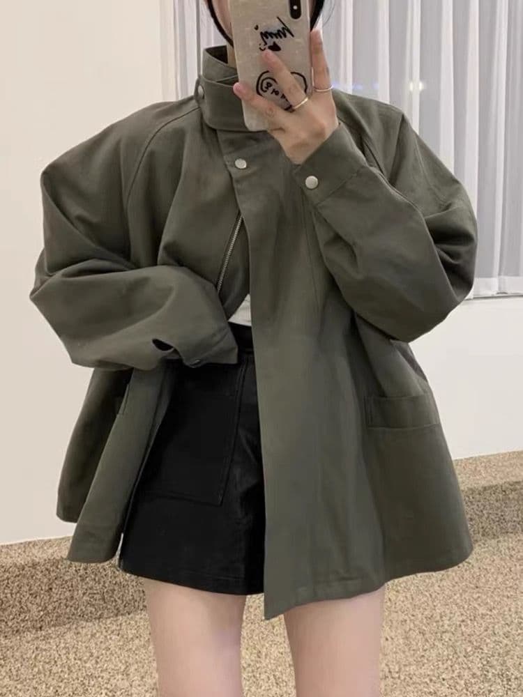 한국 chic 가을 작은 대중 레트로 스탠드 칼라 바람막이 여성 코트 루즈핏 슬림해 보이는 디자인 센스 야외 캐주얼 맨위 상세 이미지 3