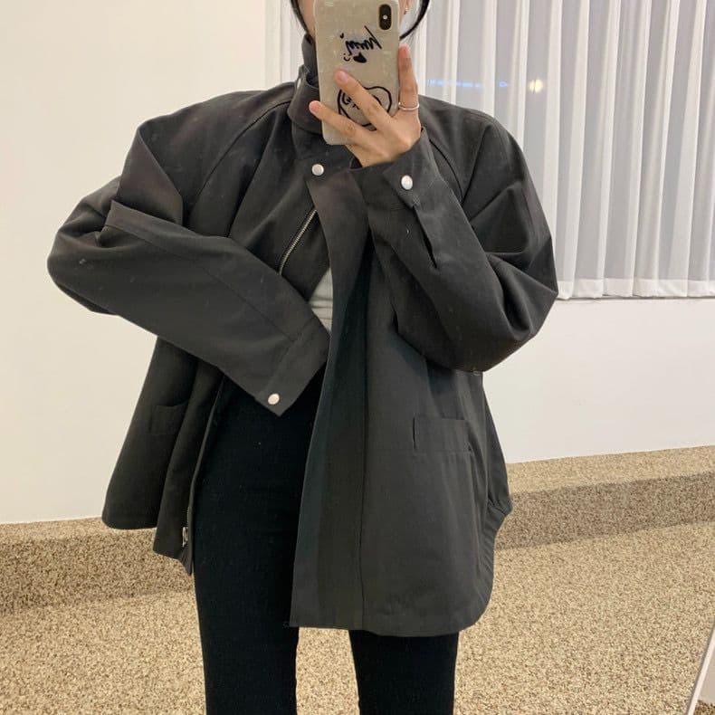 한국 chic 가을 작은 대중 레트로 스탠드 칼라 바람막이 여성 코트 루즈핏 슬림해 보이는 디자인 센스 야외 캐주얼 맨위 상세 이미지 4