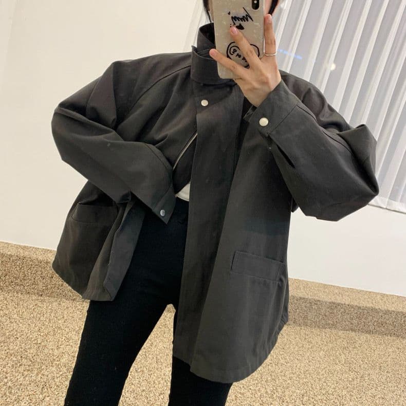 한국 chic 가을 작은 대중 레트로 스탠드 칼라 바람막이 여성 코트 루즈핏 슬림해 보이는 디자인 센스 야외 캐주얼 맨위 상세 이미지 5