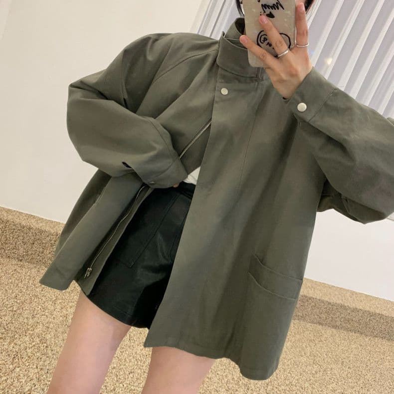 한국 chic 가을 작은 대중 레트로 스탠드 칼라 바람막이 여성 코트 루즈핏 슬림해 보이는 디자인 센스 야외 캐주얼 맨위 상세 이미지 8