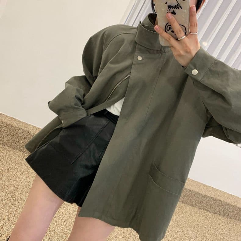 한국 chic 가을 작은 대중 레트로 스탠드 칼라 바람막이 여성 코트 루즈핏 슬림해 보이는 디자인 센스 야외 캐주얼 맨위 상세 이미지 11