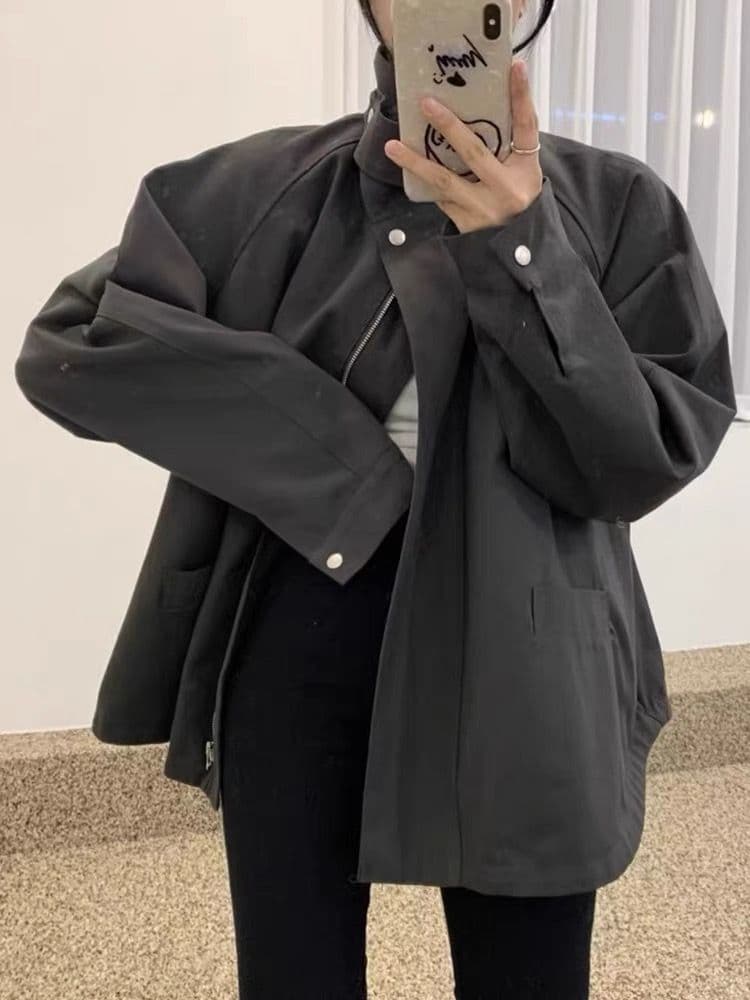 한국 chic 가을 작은 대중 레트로 스탠드 칼라 바람막이 여성 코트 루즈핏 슬림해 보이는 디자인 센스 야외 캐주얼 맨위 상세 이미지 13
