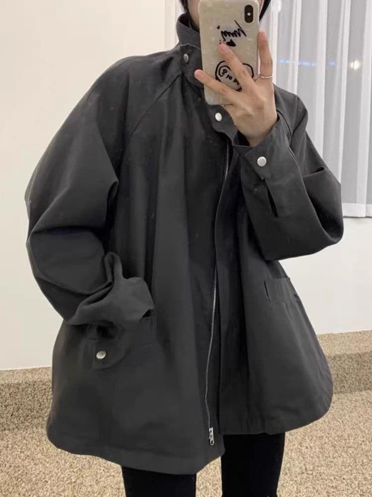한국 chic 가을 작은 대중 레트로 스탠드 칼라 바람막이 여성 코트 루즈핏 슬림해 보이는 디자인 센스 야외 캐주얼 맨위 상세 이미지 15