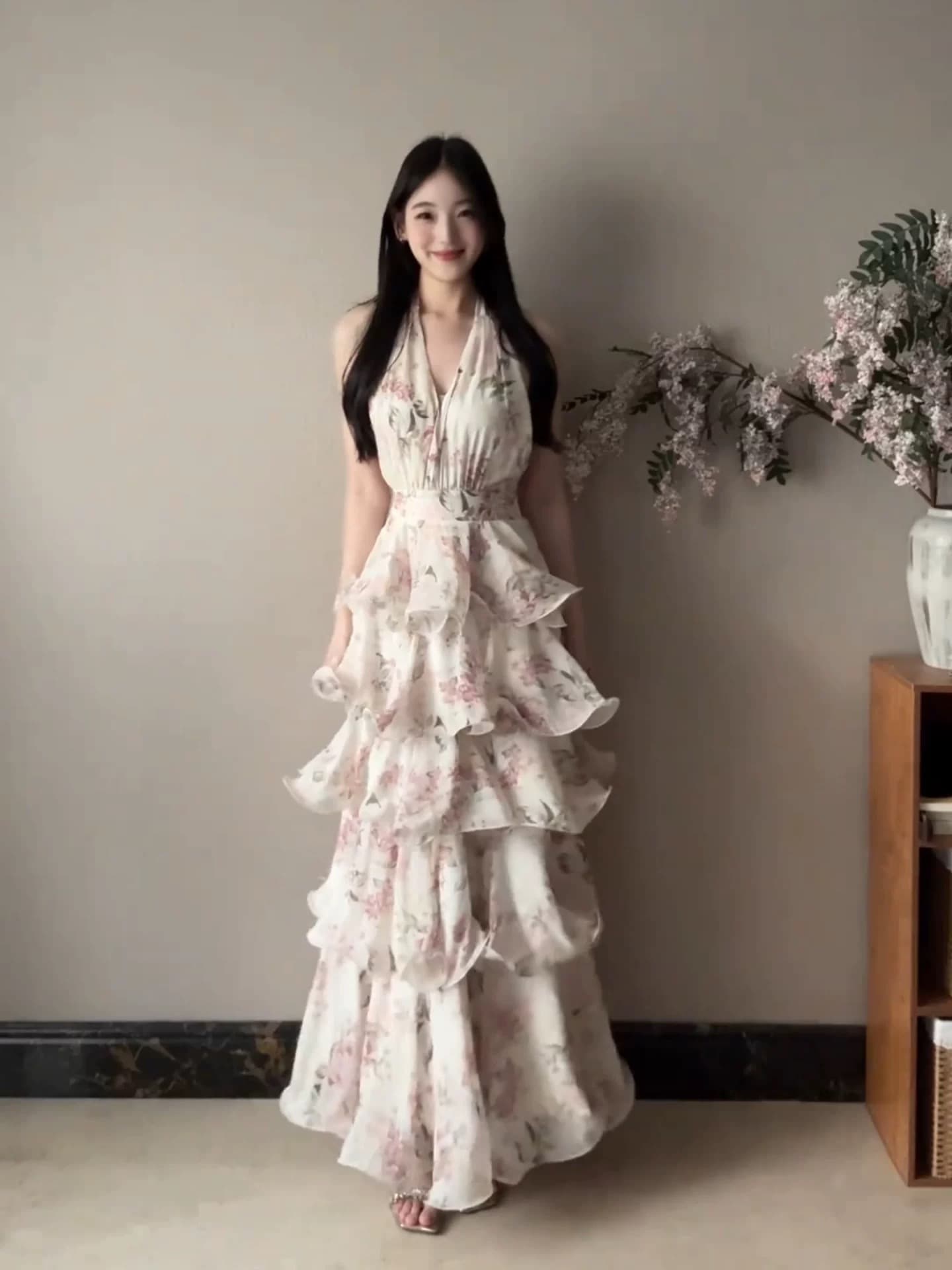 프랑스식 꽃무늬 V넥 행침 목 드레스 여성 의류 여름 작은 키 품격 허리 수축 큰 진자 연꽃 잎 측면 길이 치마 상세 이미지 2