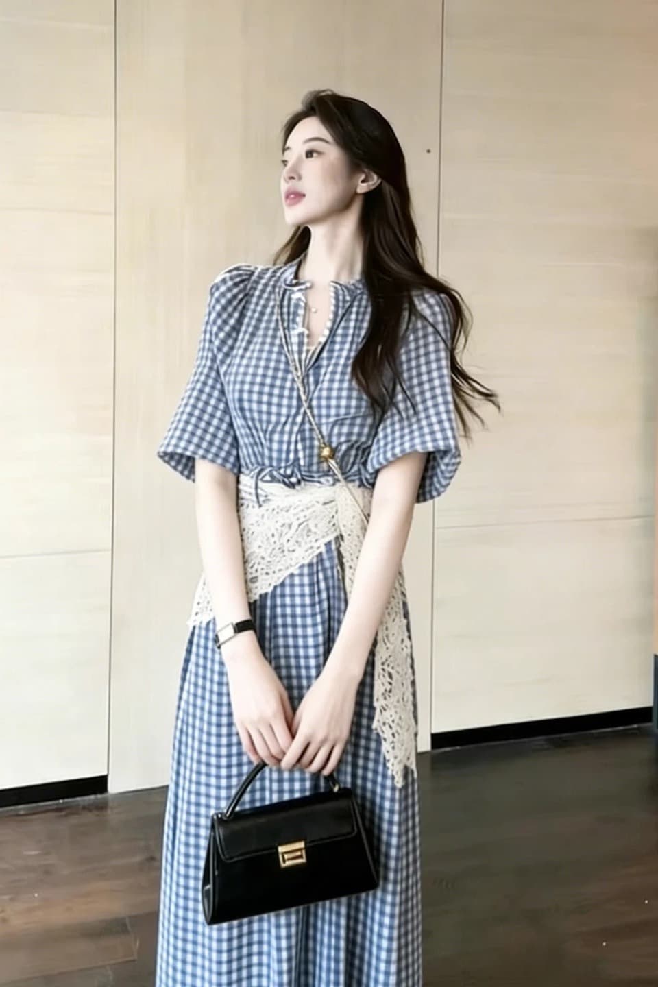 파란색 체크무늬 여성 드레스 2026 여름 새로운 올해 인기 폭발 자이언트 잘 생긴 도파민 꼬집기 허리 치마 이미지 6
