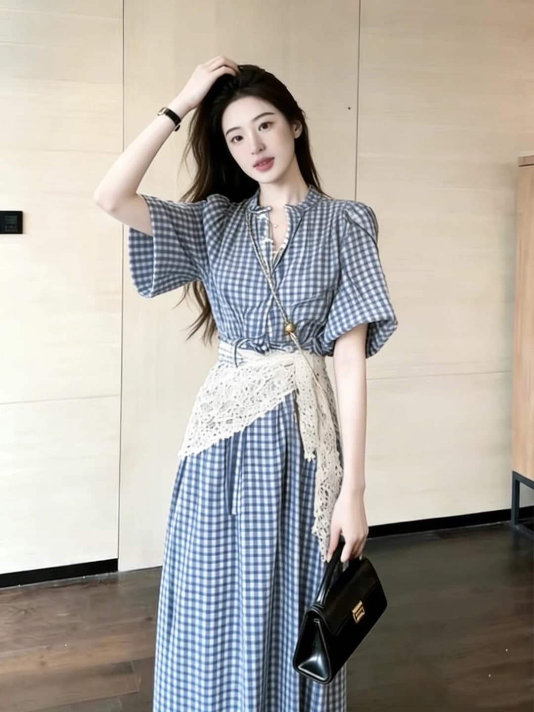 파란색 체크무늬 여성 드레스 2026 여름 새로운 올해 인기 폭발 자이언트 잘 생긴 도파민 꼬집기 허리 치마 상세 이미지 4