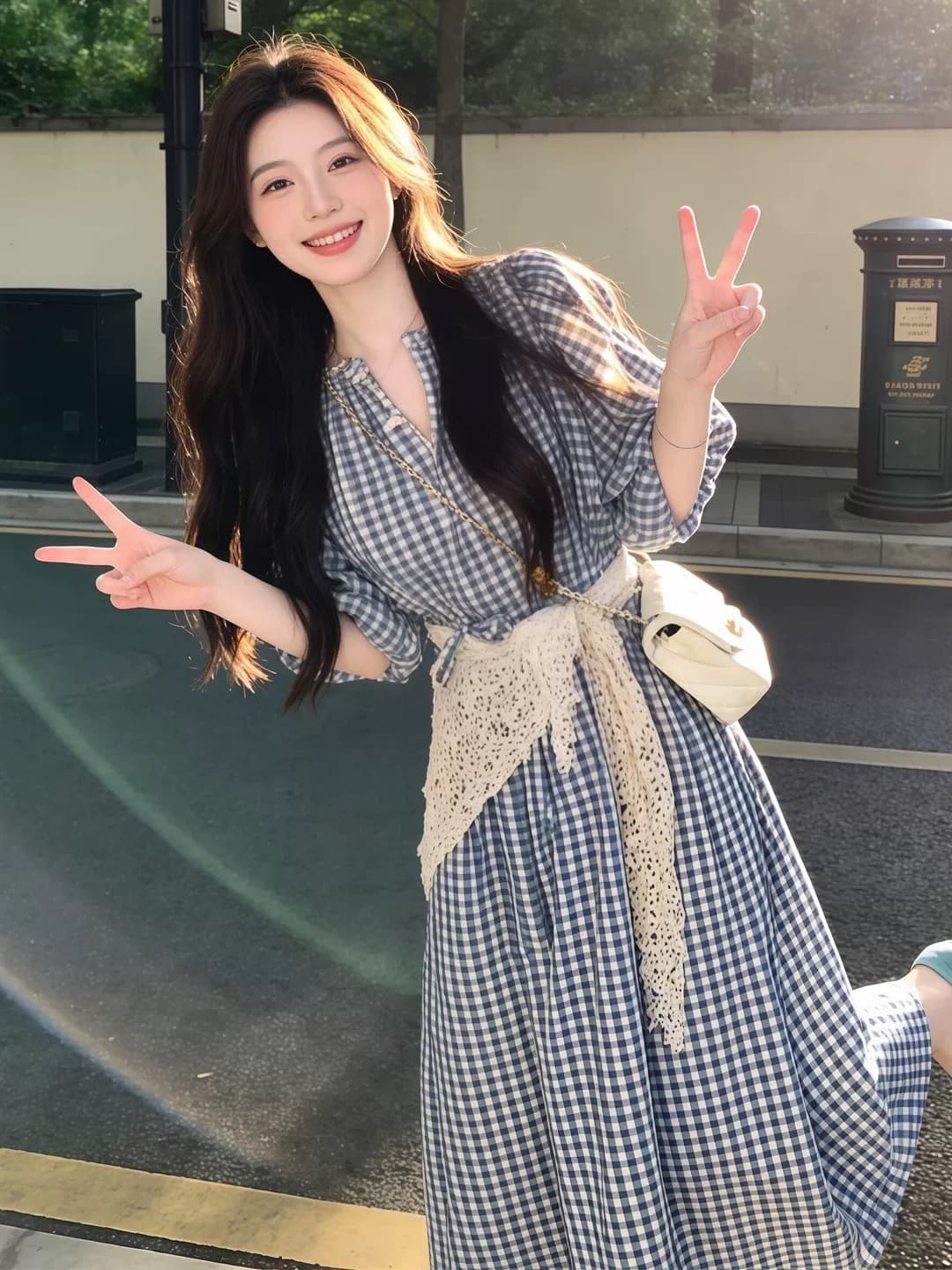 순수한 하얀 달빛 달콤한 스타일 파란색 체크무늬 여성 드레스 여름 일본식 미니멀리즘 학원 스타일 작은 키 요정 치마 이미지 2