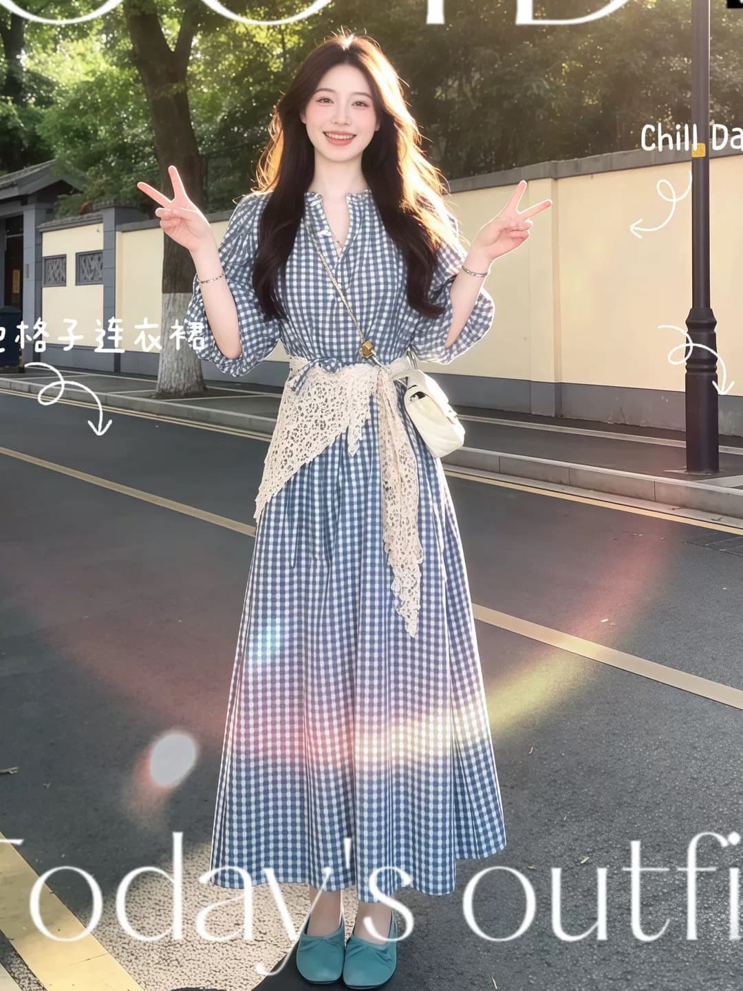 순수한 하얀 달빛 달콤한 스타일 파란색 체크무늬 여성 드레스 여름 일본식 미니멀리즘 학원 스타일 작은 키 요정 치마 이미지 4