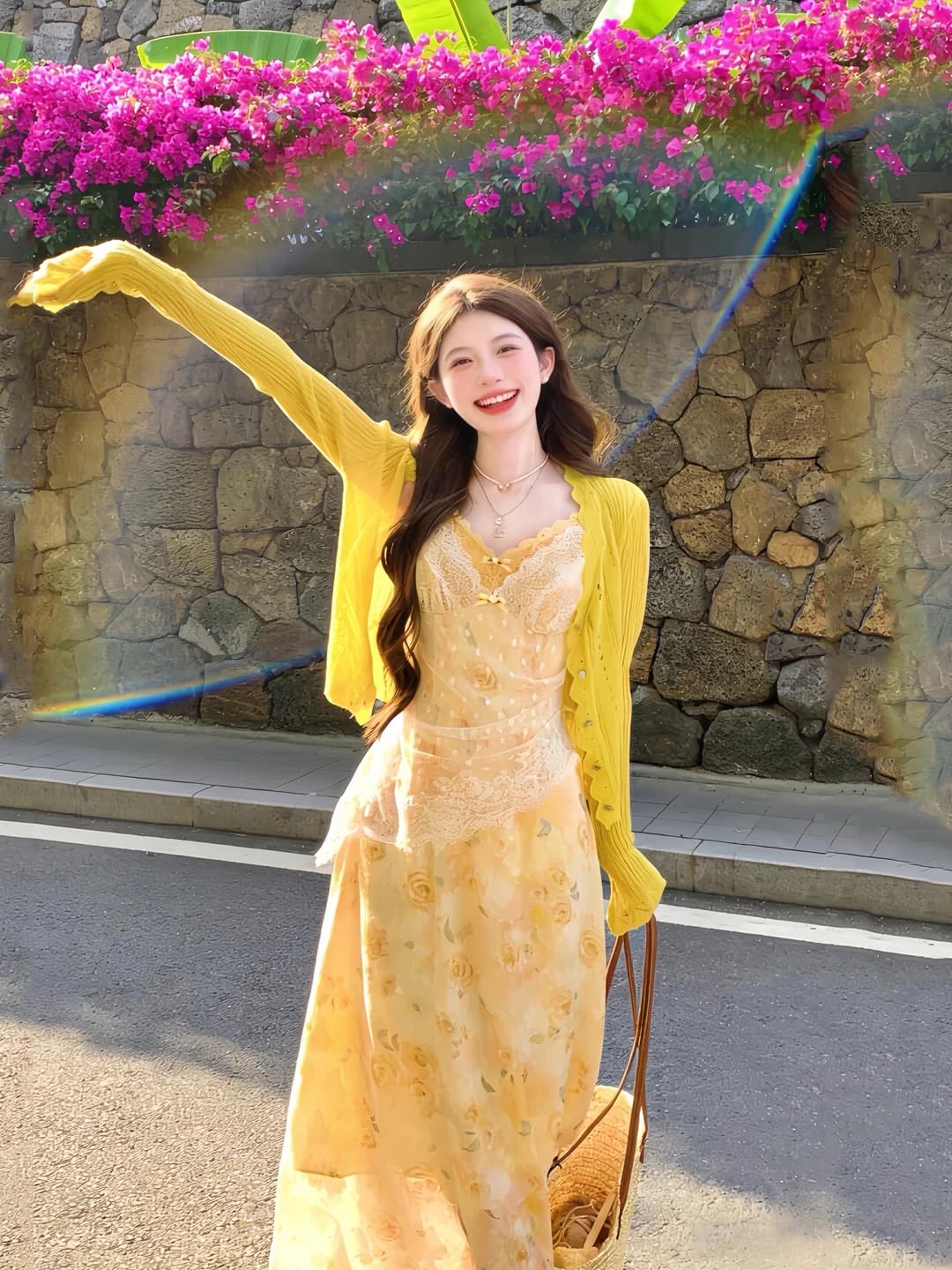 2026 새로운 황색 레이스 슬립 꽃무늬 드레스 봄 여름 여행 밝은 착용 가져 가라. 오픈 가디건 롱 스커트 세트 상세 이미지 3