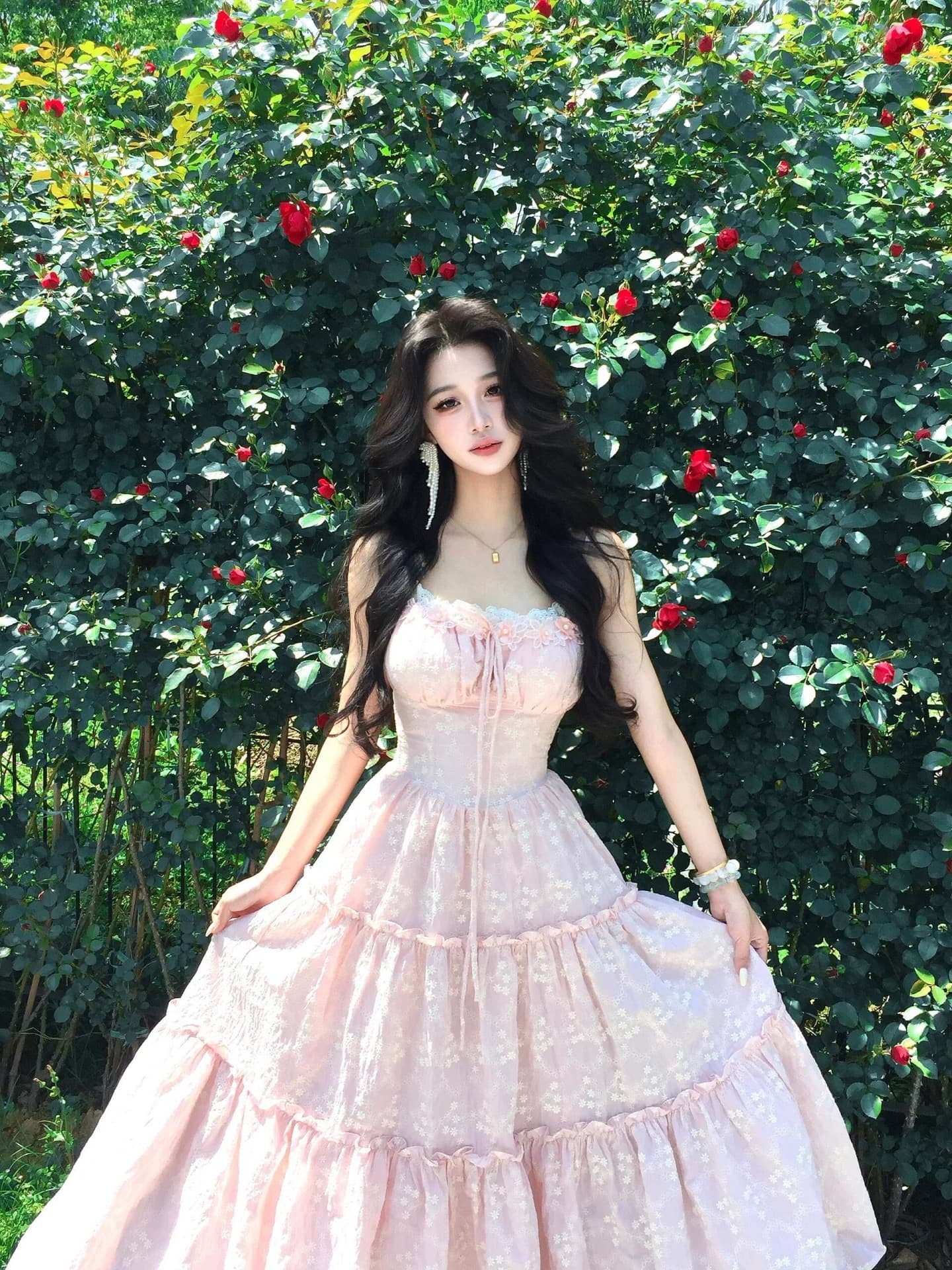 프랑스식 핑크색 슬립 여성 드레스 여름 순수한 욕망 달콤함 허리 수축 생일 공주 케이크 롱 스커트 해변가 휴가 이미지 5