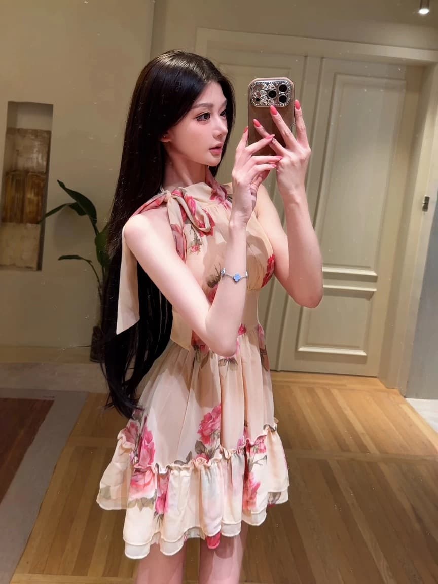 프랑스식 꽃무늬 리본 민소매 행침 목 여성 드레스 여름 품격 허리 수축 슬림해 보이는 한 마디 치마 순수한 욕망 미니 스커트 이미지 3