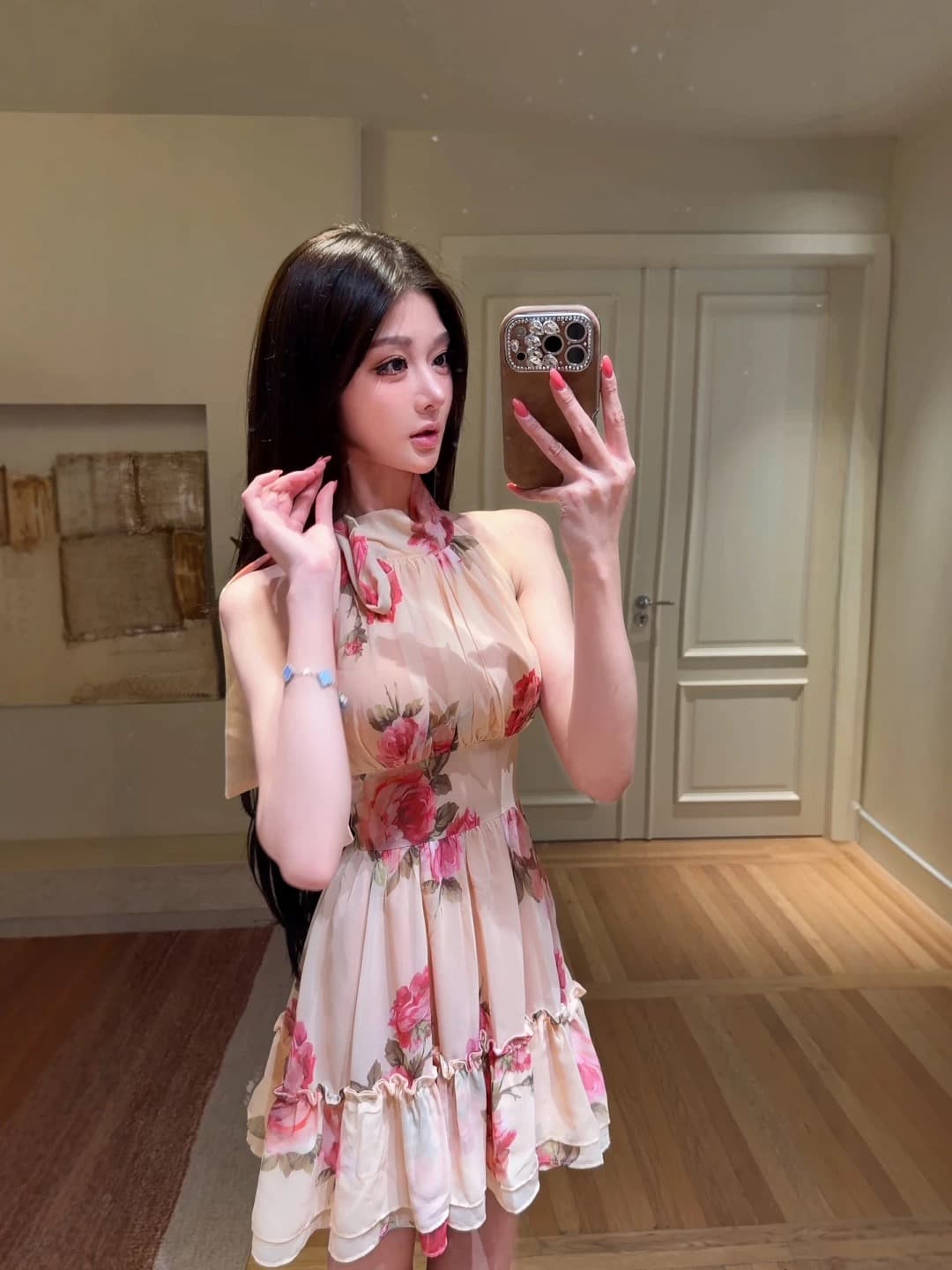 프랑스식 꽃무늬 리본 민소매 행침 목 여성 드레스 여름 품격 허리 수축 슬림해 보이는 한 마디 치마 순수한 욕망 미니 스커트 상세 이미지 6