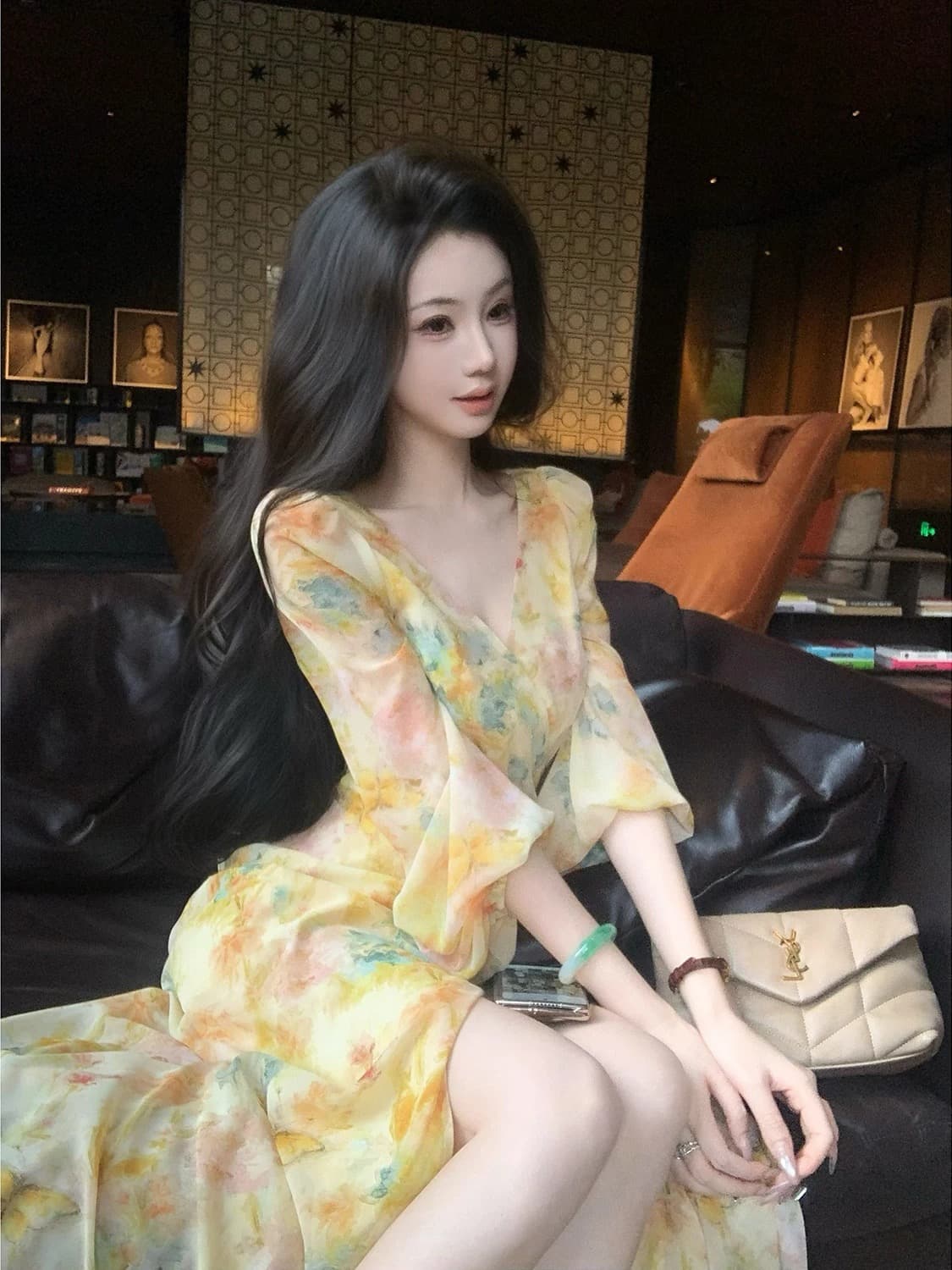 sun 우아한 조 지 웨이 니켈 정원 여름 해변가 휴가 벌룬 소매 수채화 물감 헤일로 염색 유화 점프 슈트 롱 스커트 이미지 2