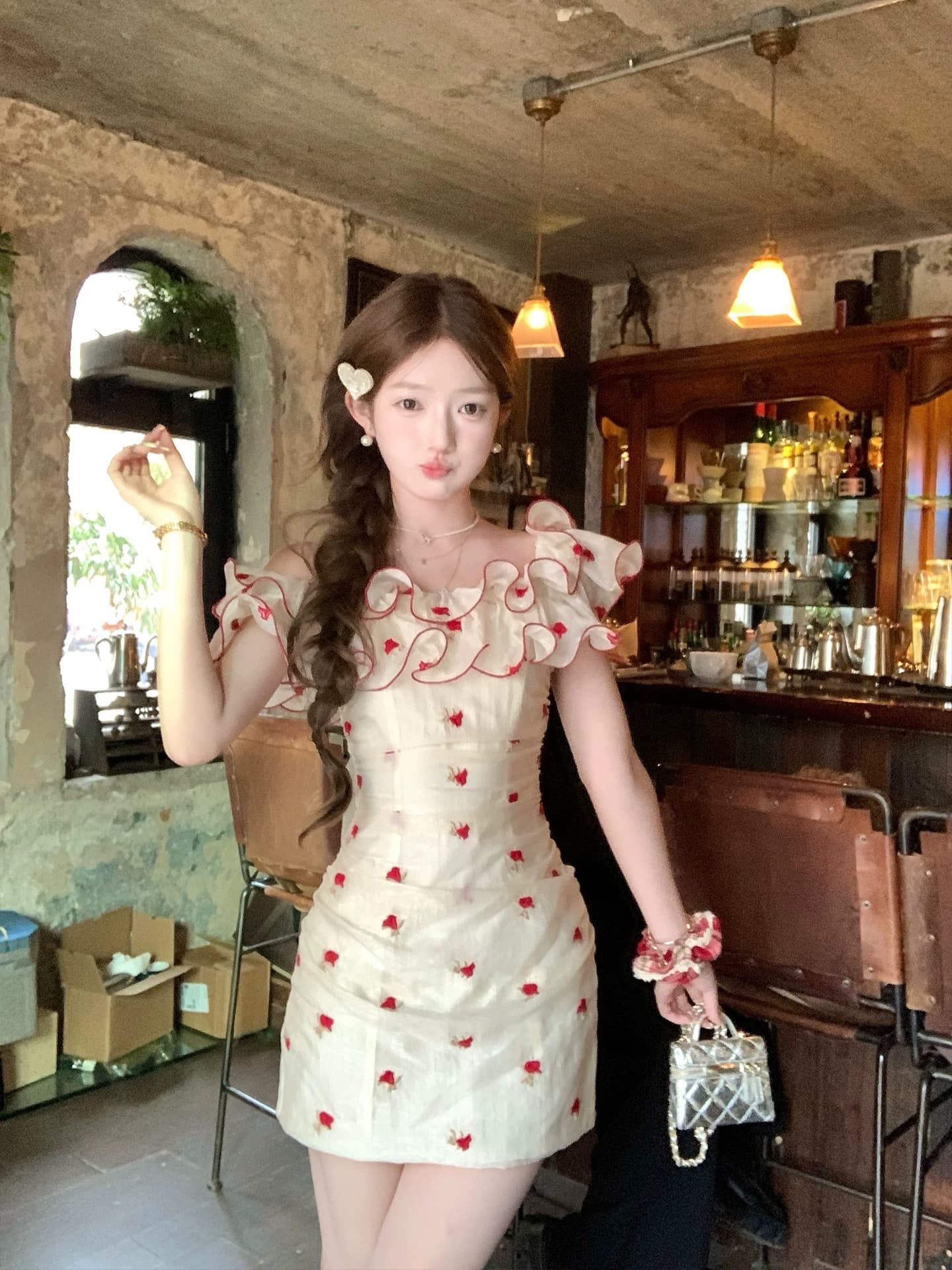 acaine5 6 이전 네 시간 10 % 할인 장미 수선화 계단 프릴 장미 자수 드레스 상세 이미지 2