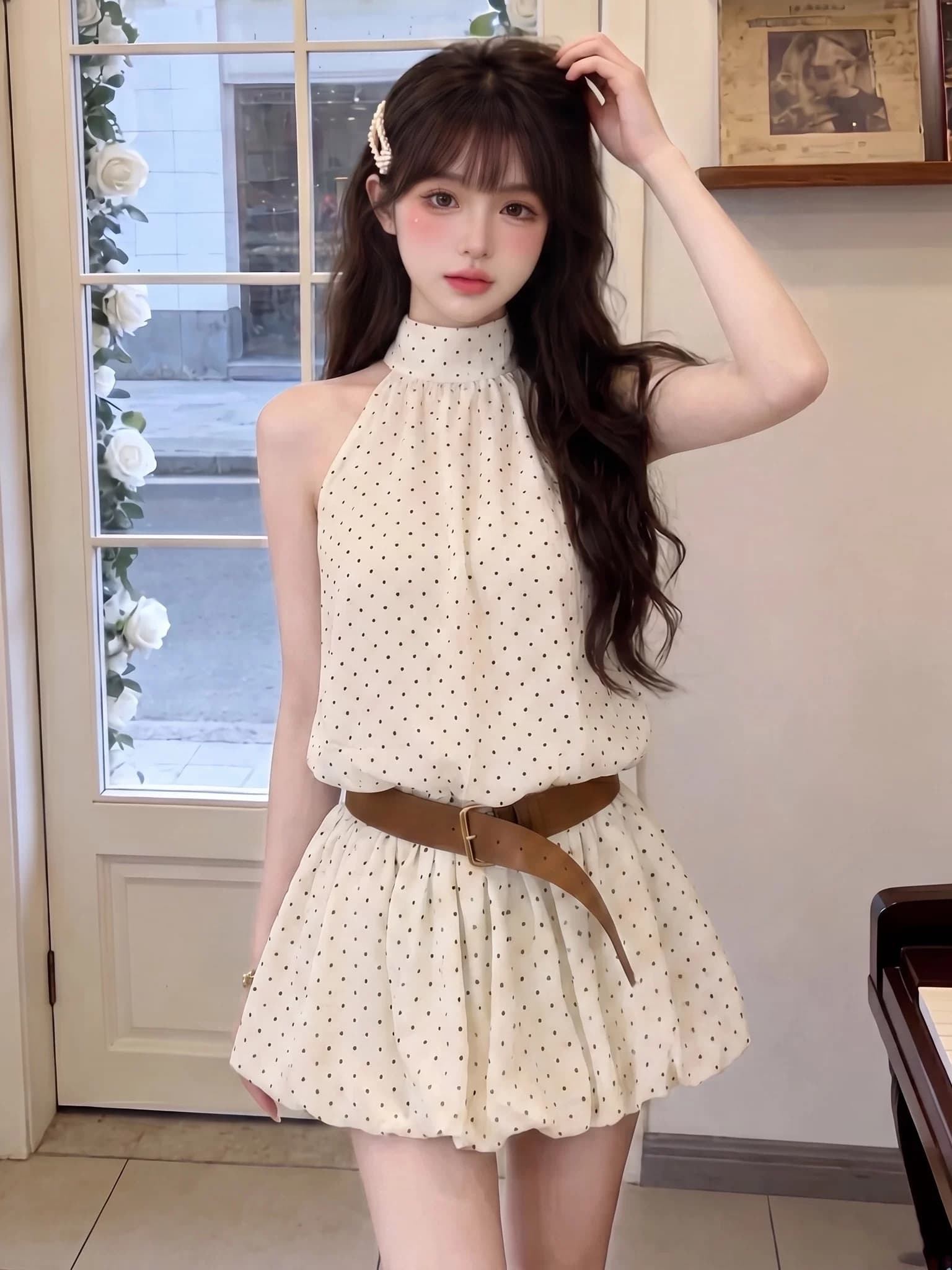 프랑스식 달콤한 스타일 도트 무늬 행침 목 여성 드레스 여름 섹션 고급 센스 민소매 허리 수축 슬림해 보이는 품격 A라인 스커트 이미지 2