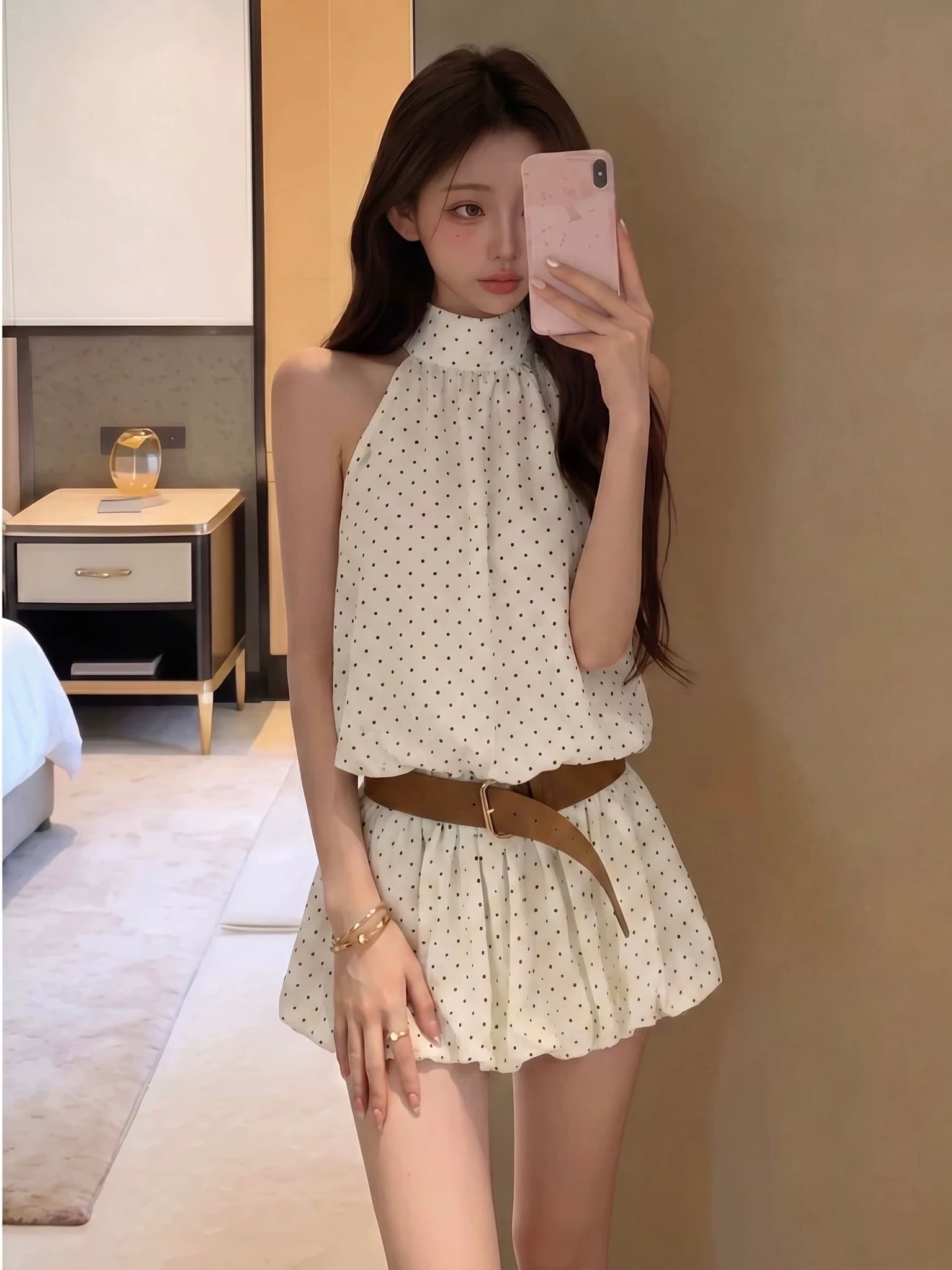 프랑스식 달콤한 스타일 도트 무늬 행침 목 여성 드레스 여름 섹션 고급 센스 민소매 허리 수축 슬림해 보이는 품격 A라인 스커트 이미지 3