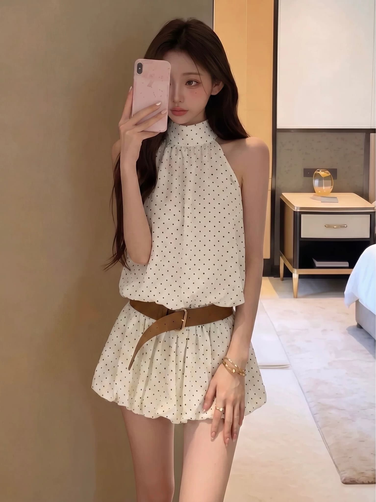 프랑스식 달콤한 스타일 도트 무늬 행침 목 여성 드레스 여름 섹션 고급 센스 민소매 허리 수축 슬림해 보이는 품격 A라인 스커트 상세 이미지 4