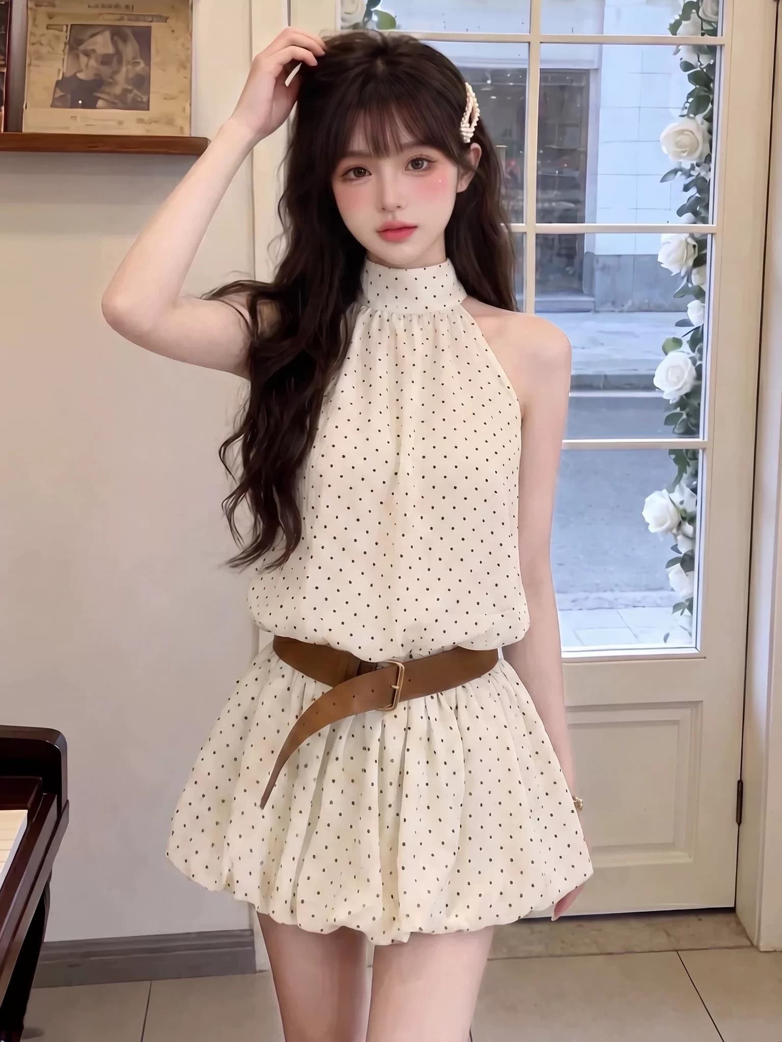 프랑스식 달콤한 스타일 도트 무늬 행침 목 여성 드레스 여름 섹션 고급 센스 민소매 허리 수축 슬림해 보이는 품격 A라인 스커트 상세 이미지 5