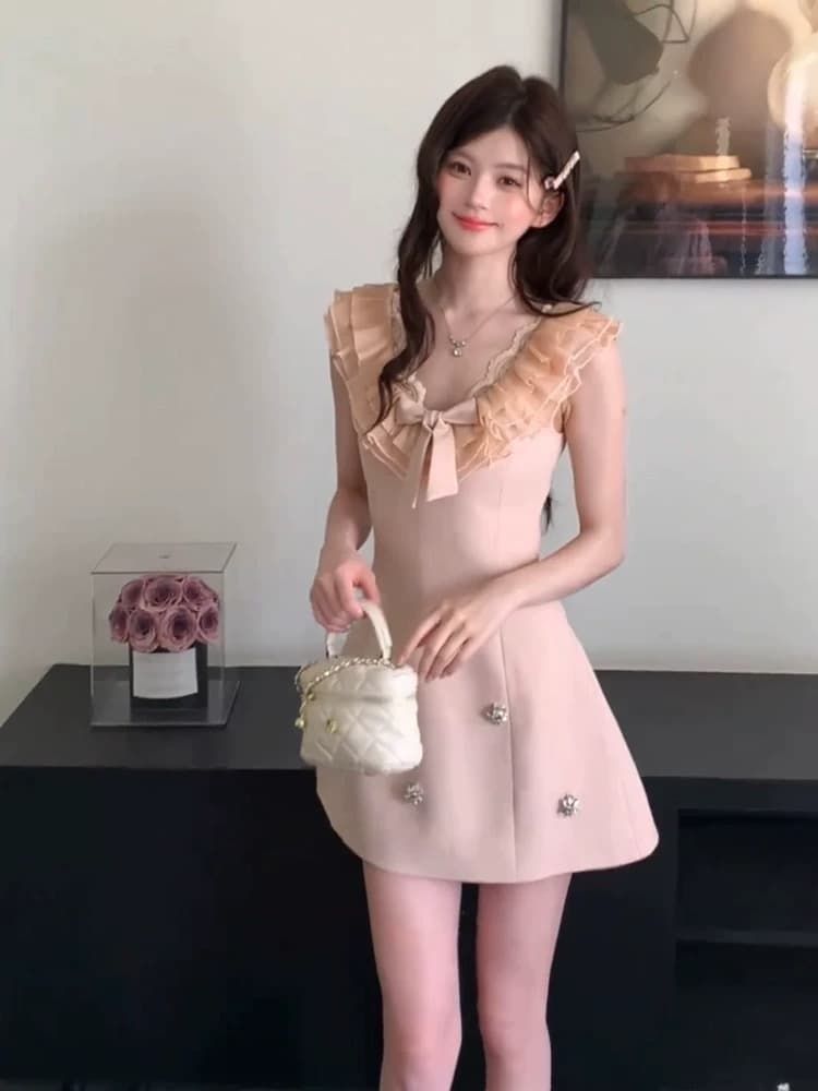 프랑스식 천 금빛 바람 나비 매듭 V넥 여성 드레스 여름 품격 무거운 작업 비즈 박기 핑크색 민소매 조끼 미니 스커트 상세 이미지 3