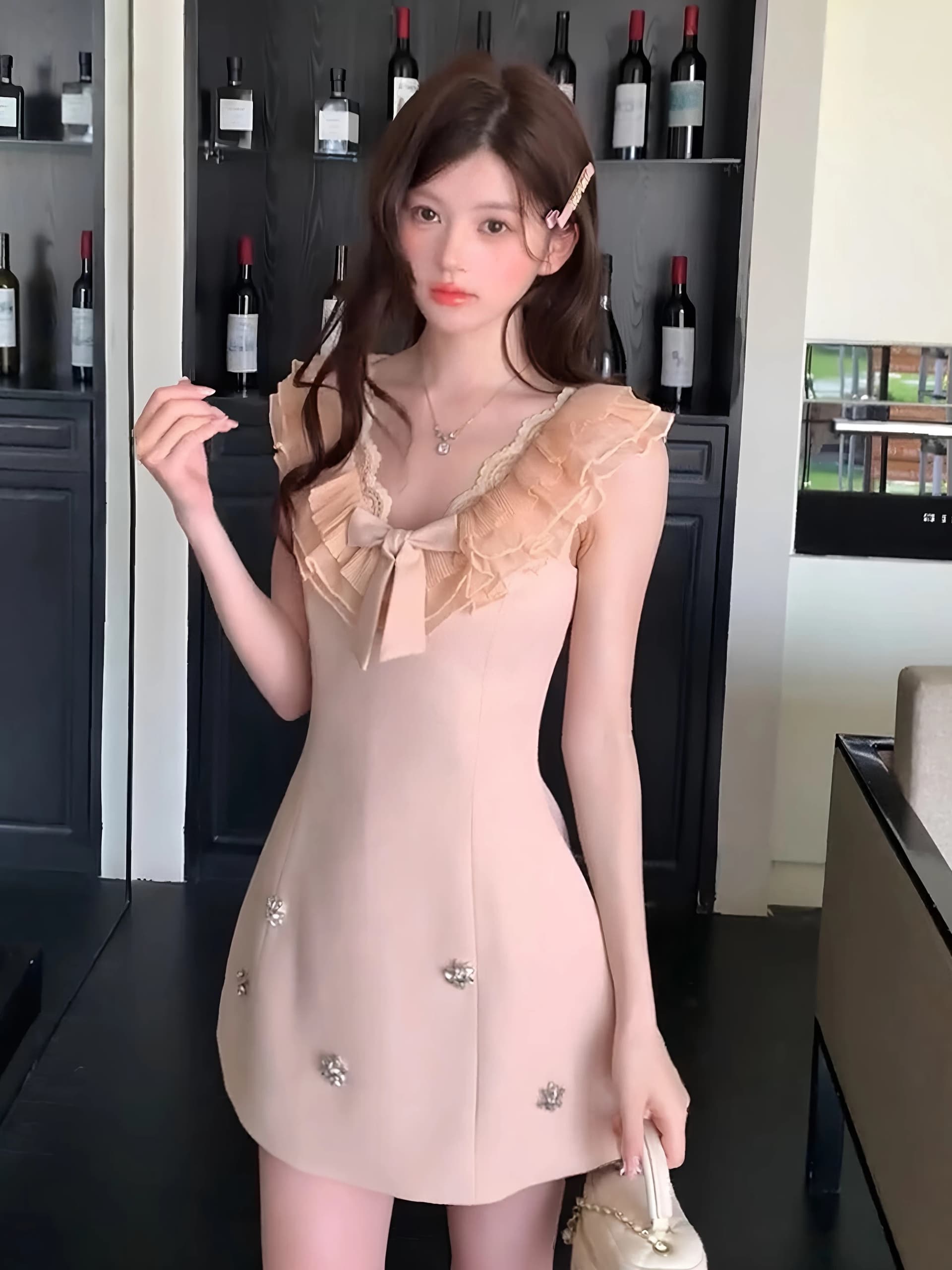 프랑스식 천 금빛 바람 나비 매듭 V넥 여성 드레스 여름 품격 무거운 작업 비즈 박기 핑크색 민소매 조끼 미니 스커트 상세 이미지 4