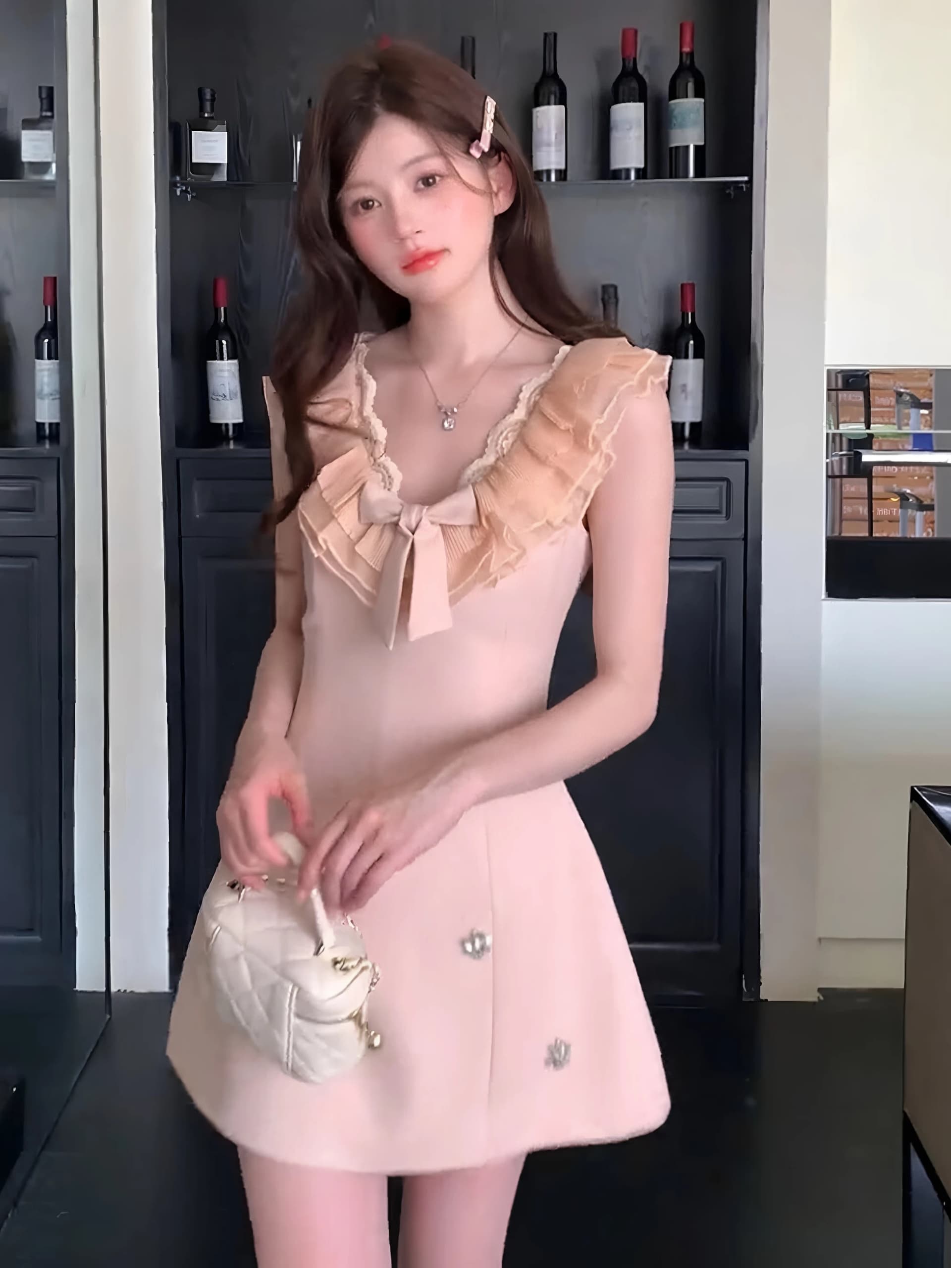 프랑스식 천 금빛 바람 나비 매듭 V넥 여성 드레스 여름 품격 무거운 작업 비즈 박기 핑크색 민소매 조끼 미니 스커트 상세 이미지 6