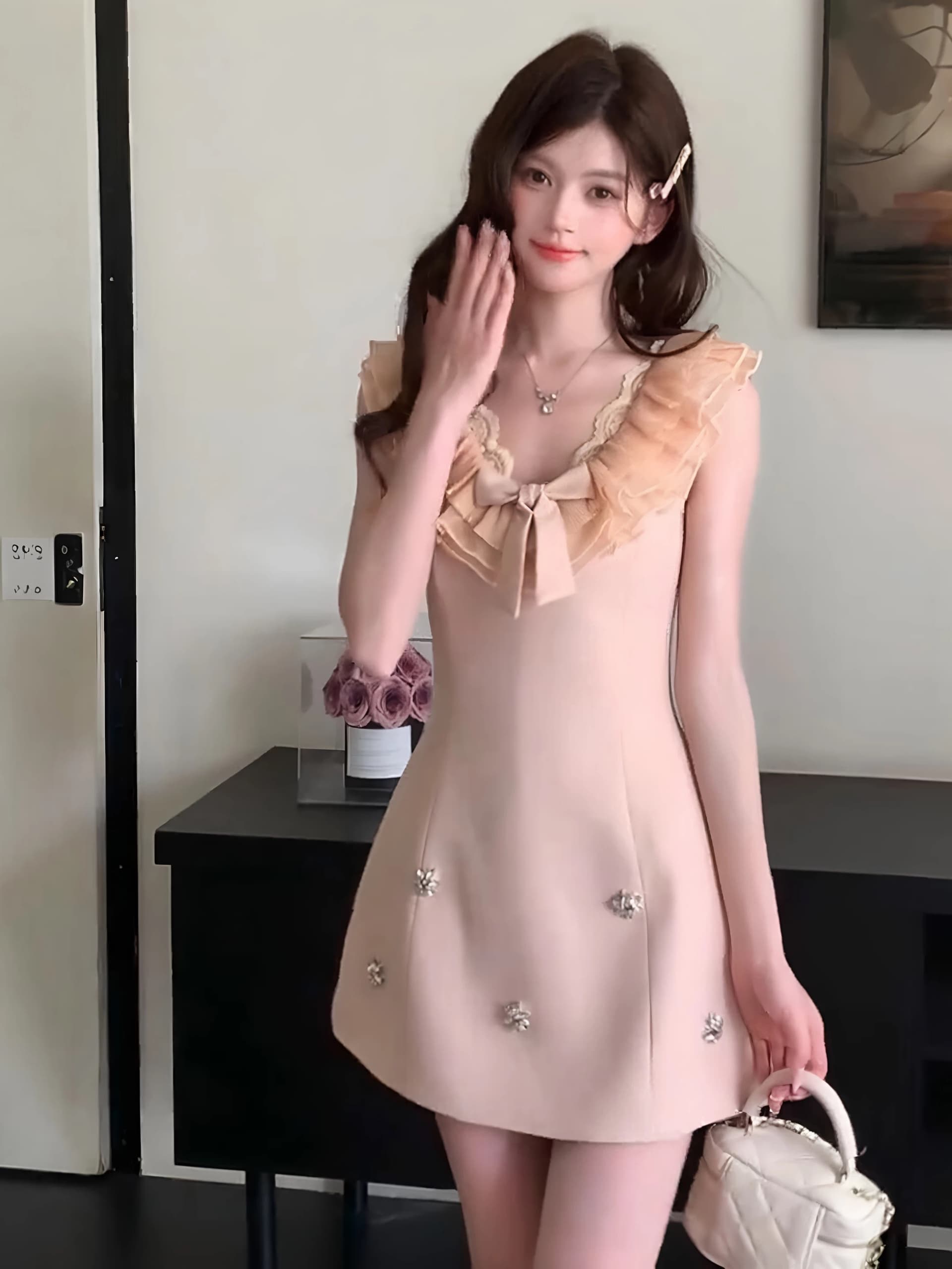 프랑스식 천 금빛 바람 나비 매듭 V넥 여성 드레스 여름 품격 무거운 작업 비즈 박기 핑크색 민소매 조끼 미니 스커트 상세 이미지 8