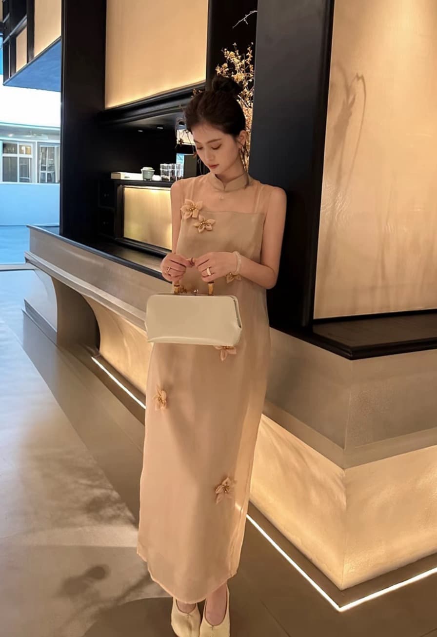 luozhiyin 루오 친한 친구 여름 새로운 중식 부드러운 바람 3 차원 꽃 슬림해 보이는 민소매 드레스 이미지 4
