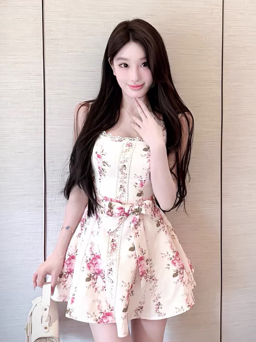 우유 화이트 장미 품격 패션 슬립 민소매 드레스 꼬집기 허리 슬림해 보이는 작은 대중 디자인 센스 아름다운 연령 감소 미니 스커트 이미지 2