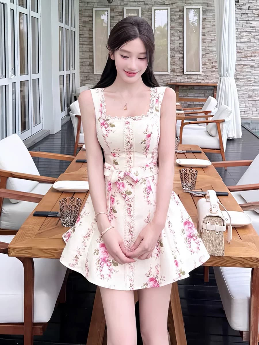 우유 화이트 장미 품격 패션 슬립 민소매 드레스 꼬집기 허리 슬림해 보이는 작은 대중 디자인 센스 아름다운 연령 감소 미니 스커트 이미지 3