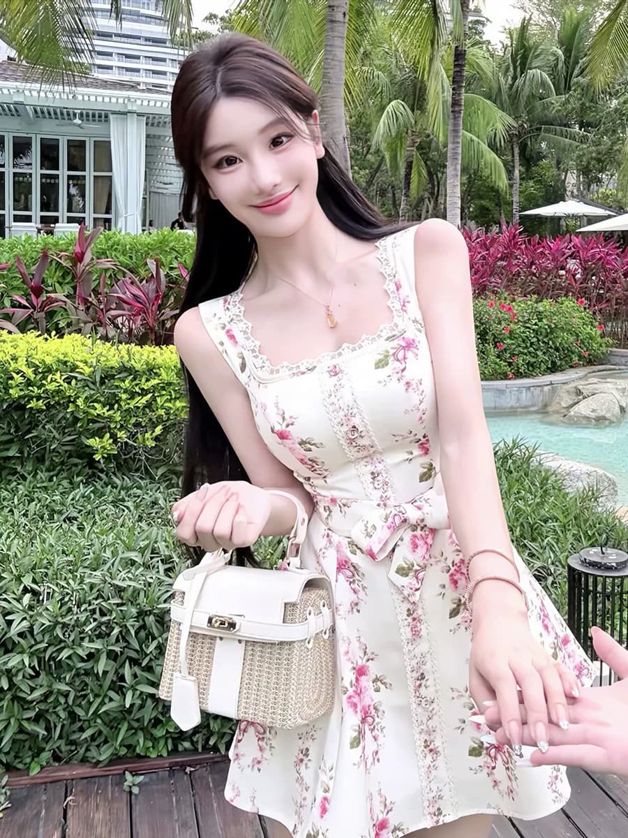 우유 화이트 장미 품격 패션 슬립 민소매 드레스 꼬집기 허리 슬림해 보이는 작은 대중 디자인 센스 아름다운 연령 감소 미니 스커트 상세 이미지 3