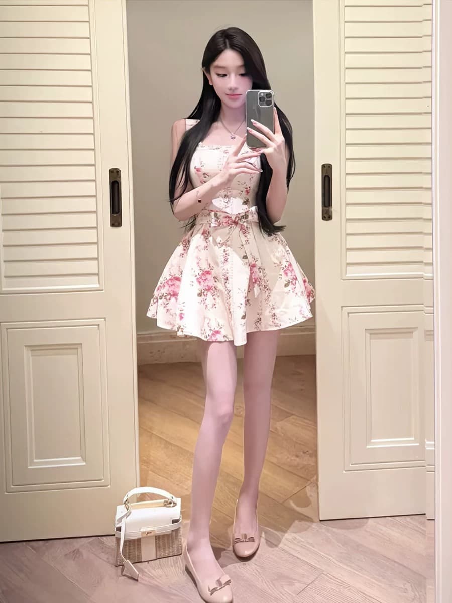 우유 화이트 장미 품격 패션 슬립 민소매 드레스 꼬집기 허리 슬림해 보이는 작은 대중 디자인 센스 아름다운 연령 감소 미니 스커트 상세 이미지 6