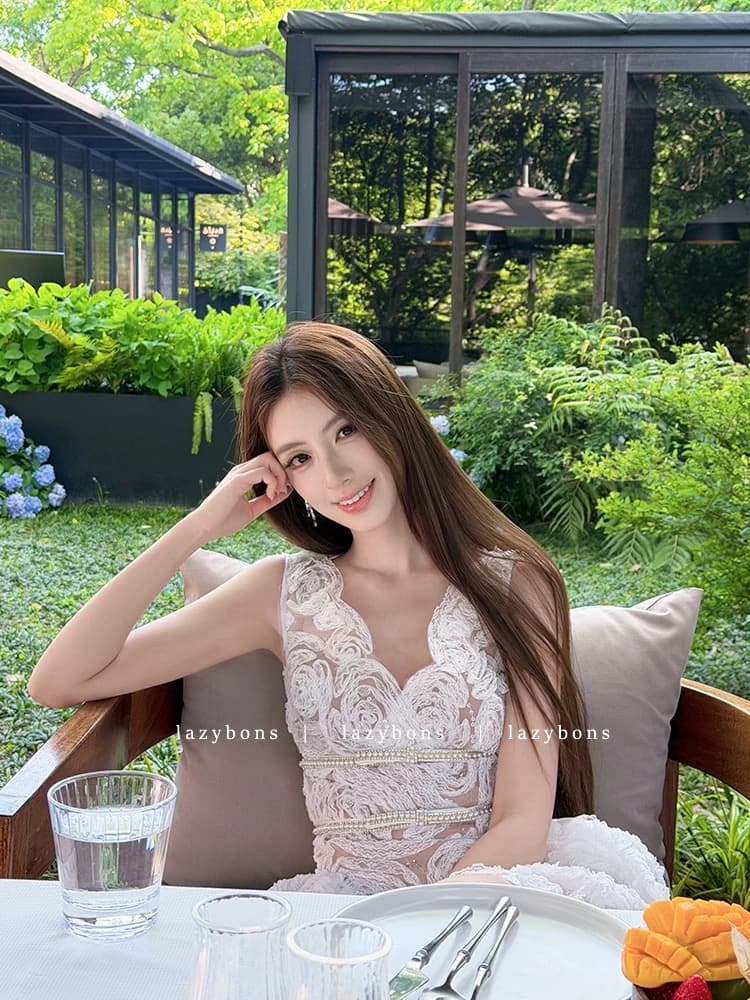 생일 party 작은 드레스 여성 명문 여성 고급 센스 무거운 작업 비즈 박기 장미 레이스 허리 수축 퍼프 공주 드레스 상세 이미지 2