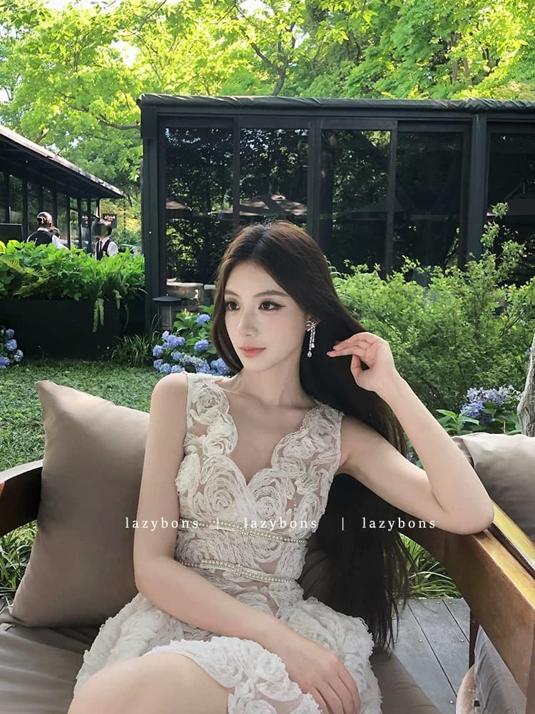 생일 party 작은 드레스 여성 명문 여성 고급 센스 무거운 작업 비즈 박기 장미 레이스 허리 수축 퍼프 공주 드레스 상세 이미지 3