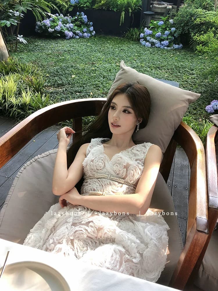 생일 party 작은 드레스 여성 명문 여성 고급 센스 무거운 작업 비즈 박기 장미 레이스 허리 수축 퍼프 공주 드레스 상세 이미지 6