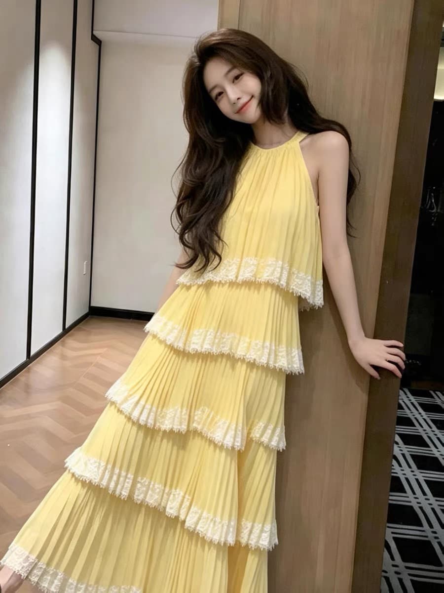 새로운 디자인 센스 품격 황색 민소매 행침 목 여성 드레스 여름 케이크 드레스 슬림해 보이는 길다 치마 이미지 4