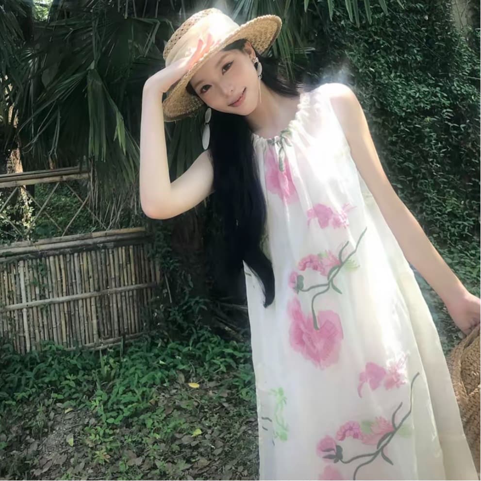 icelolly 새로운 중식 휴가 바람 라미 꽃무늬 조끼 여성 드레스 여름 고유 한 아름다운 국풍 길다 치마 이미지 6