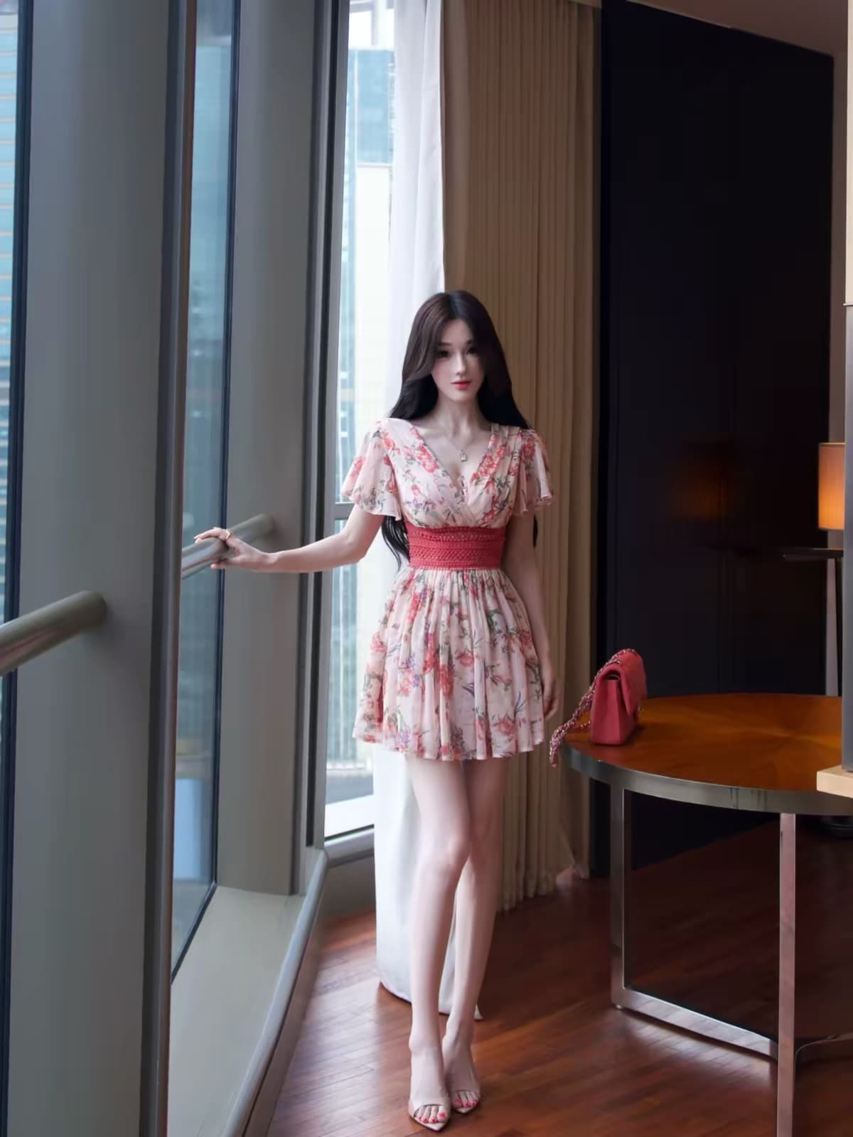 ww 맞춤 초기 만남 하트 비트 일본식 V넥 쉬폰 드레스 여름 고대 조기 섹시함 순수한 욕망 아름다운 미니 스커트 상세 이미지 5