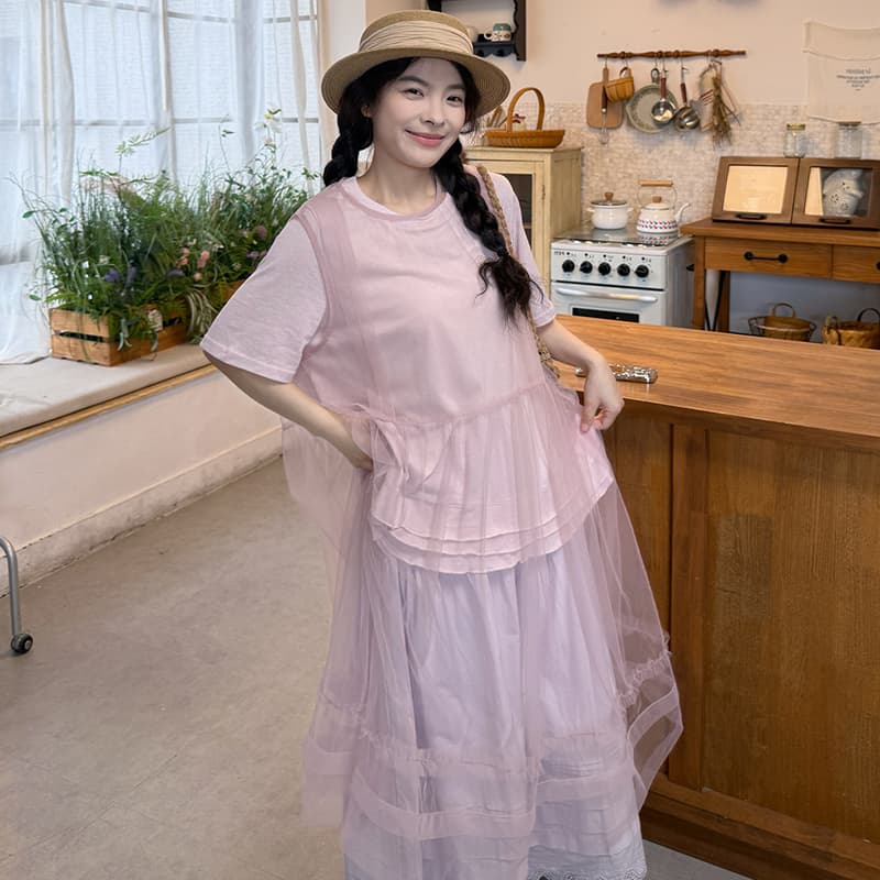 실사 2026 여름 드레스 새로운 민소매 망사 치마 인사이드 가져 가라. 반팔 티셔츠 반신 치마 세트 이미지 5