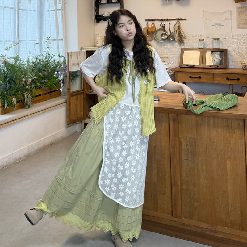 실사 2026 여름 드레스 새로운 레이스 t 치마 작은 꽃 베스트 반신 스커트 3종 세트 이미지 5