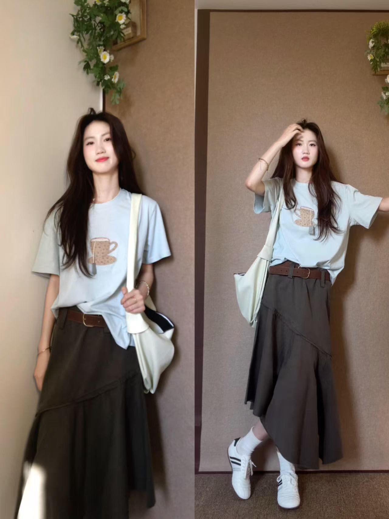 찻잔 프린트 반팔 티셔츠 여성 여름 예술 건강 루즈핏 슬림해 보이는 아메리칸 레트로 불규칙 반신 치마 세트 상세 이미지 5