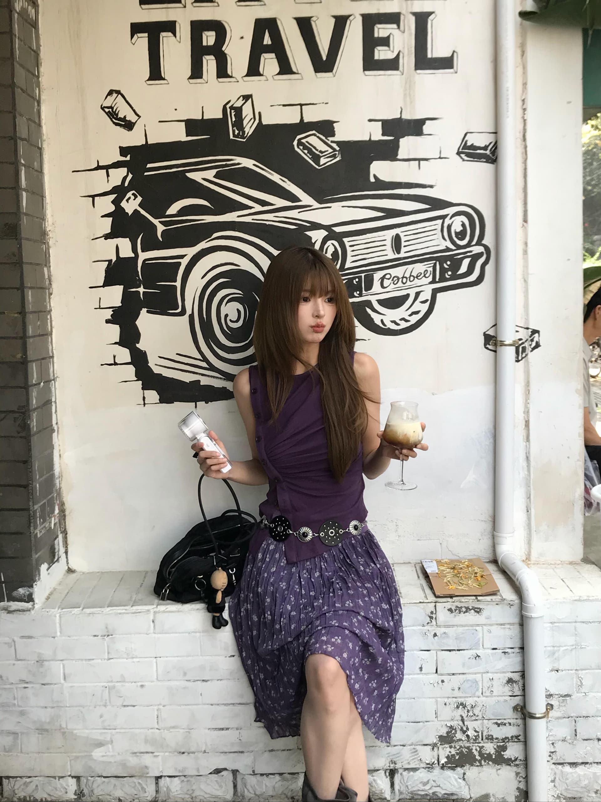 한 부서 레트로 보라색 레이스업 단추 민소매 조끼 꽃무늬 반신 스커트 여성 여름 고급 센스 두 조각 세트 드레스 상세 이미지 1