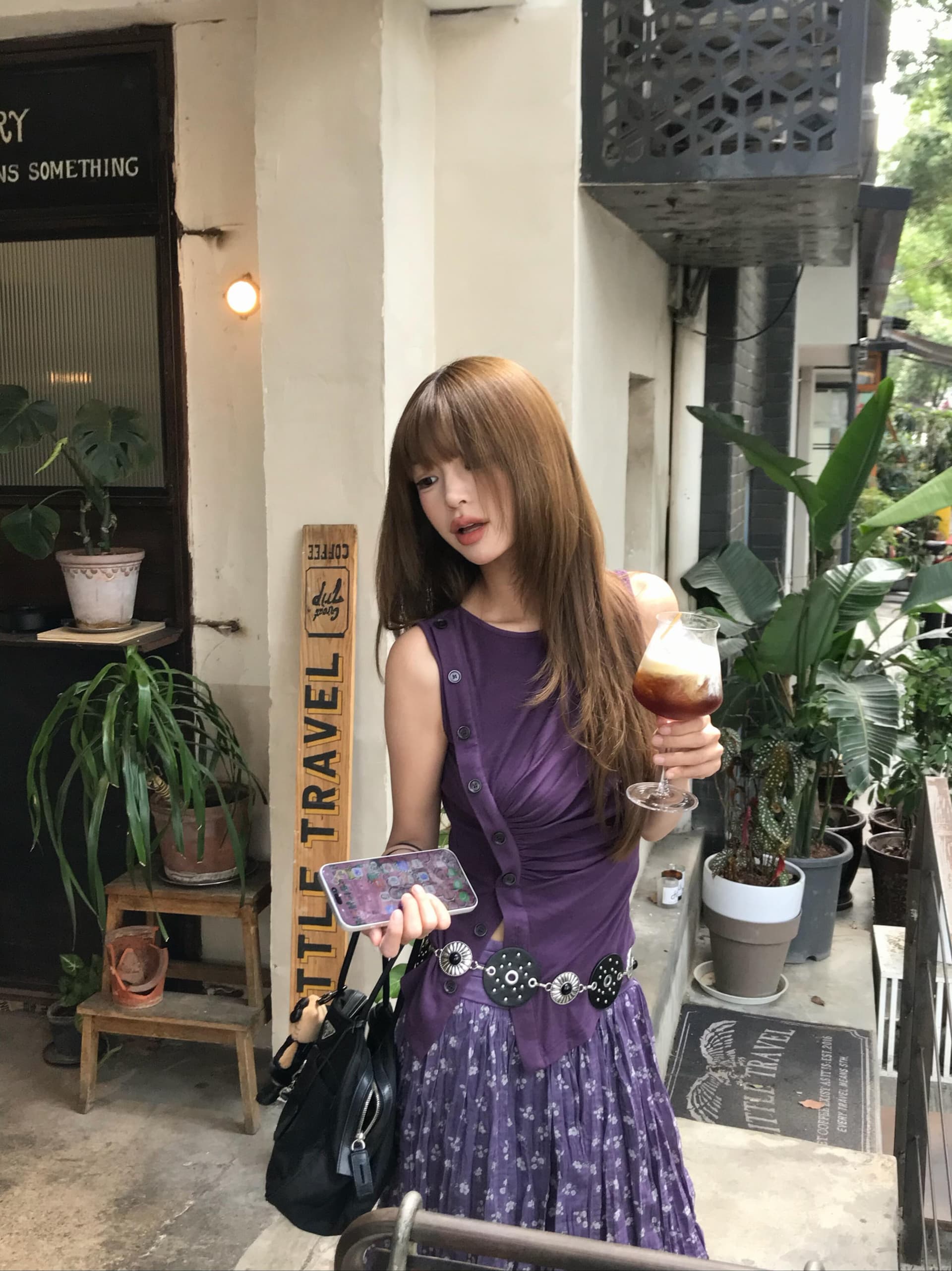 한 부서 레트로 보라색 레이스업 단추 민소매 조끼 꽃무늬 반신 스커트 여성 여름 고급 센스 두 조각 세트 드레스 상세 이미지 2