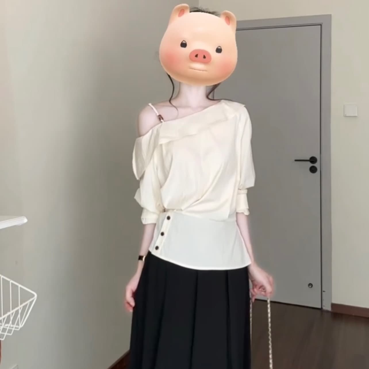 한 부서 미니멀리즘 고급 센스 비스듬한 어깨 프릴 맨위 반신 스커트 여성 가을 빛 요리 한 품격 패션 투피스 세트 이미지 5
