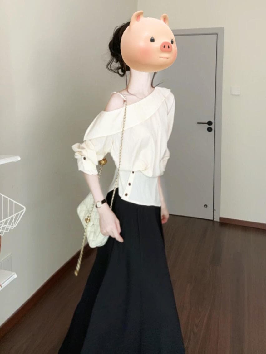 한 부서 미니멀리즘 고급 센스 비스듬한 어깨 프릴 맨위 반신 스커트 여성 가을 빛 요리 한 품격 패션 투피스 세트 상세 이미지 1