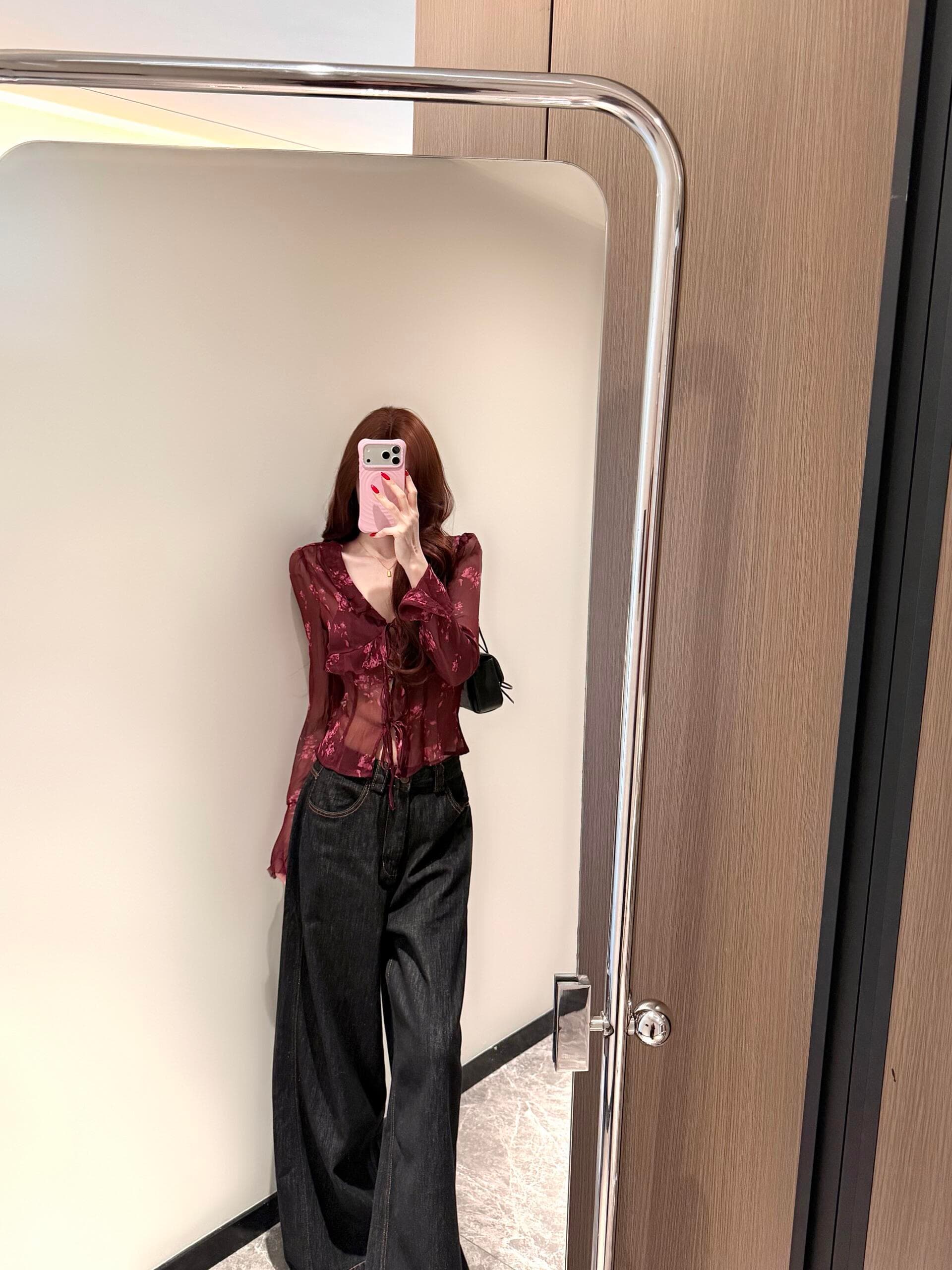 프랑스식 레트로 낭만주의 꽃무늬 프릴 시폰 셔츠 여성 이른 가을 긴팔 레이스업 V넥 마이크로 ~을 통해 분위기 센스 맨위 이미지 2